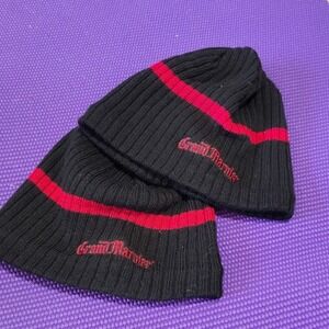 Grand Marnier Black Red Striped Fleece Lined Ribbed Knit Beanie Hat Set of 2